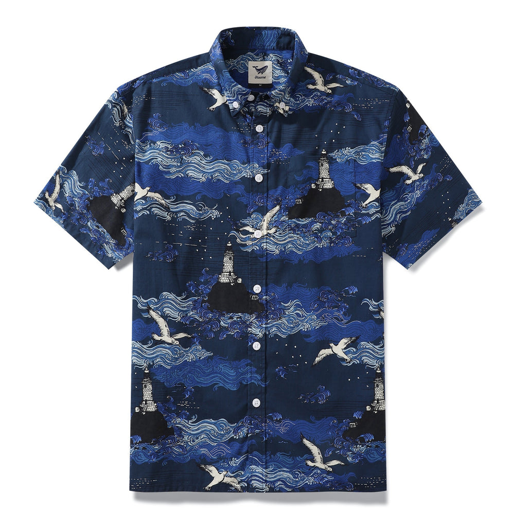 Men's short-sleeve cotton Aloha shirt with a lighthouse and island scene print