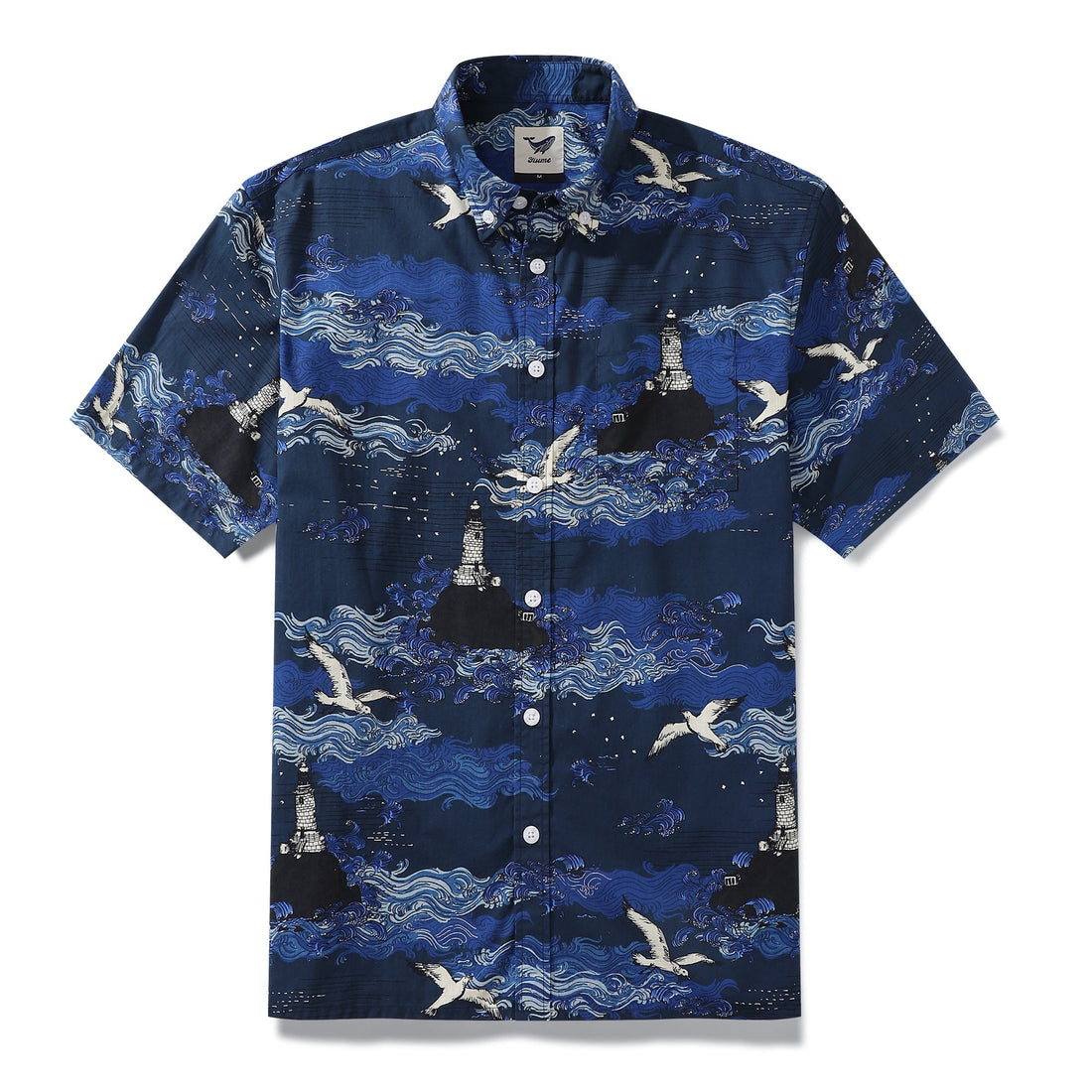 Men's short-sleeve cotton Aloha shirt with a lighthouse and island scene print