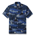 Men's short-sleeve cotton Aloha shirt with a lighthouse and island scene print
