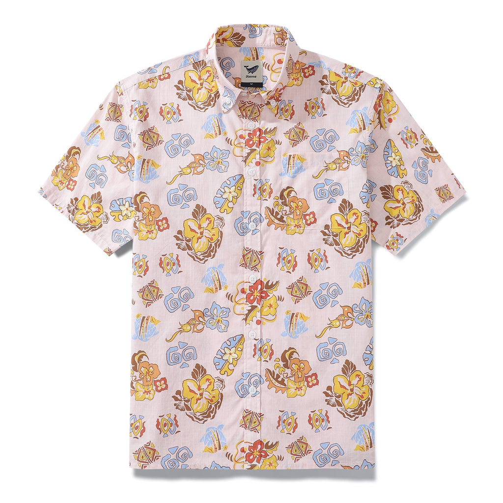 Men's pink retro era print Hawaiian shirt with short sleeves.