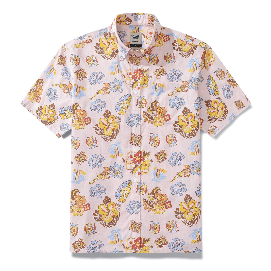 Men's pink retro era print Hawaiian shirt with short sleeves.