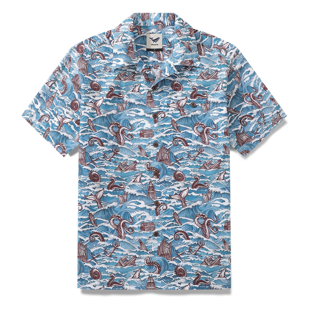 Men's nautical Hawaiian shirt featuring a sea monster and ship print in blue, white, and brown.