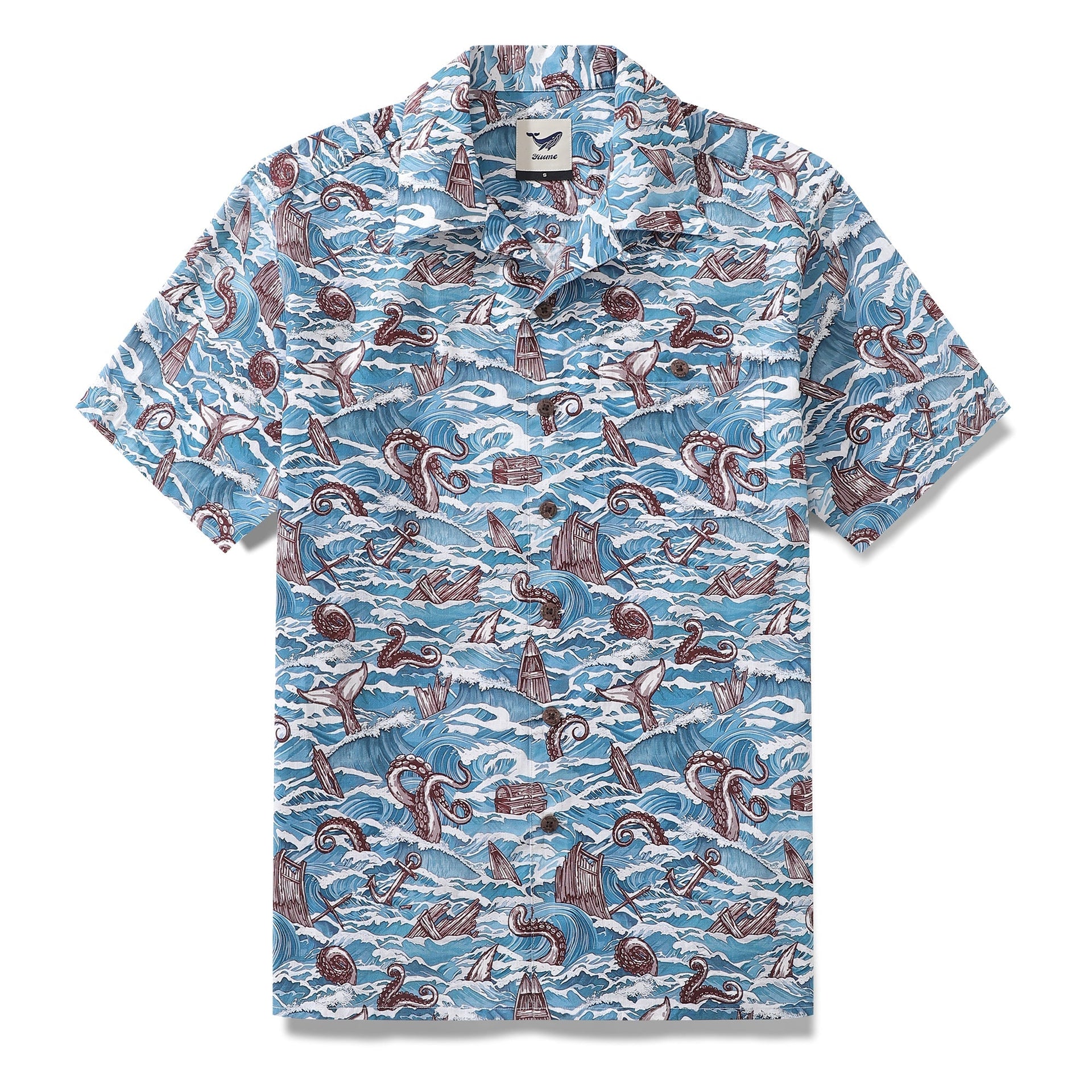 Men's nautical Hawaiian shirt featuring a sea monster and ship print in blue, white, and brown.