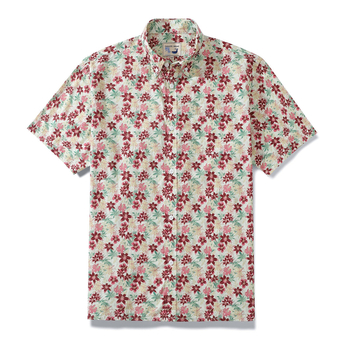 Men's vintage-style Hawaiian shirt with hibiscus flowers in white, maroon, pink, and green.