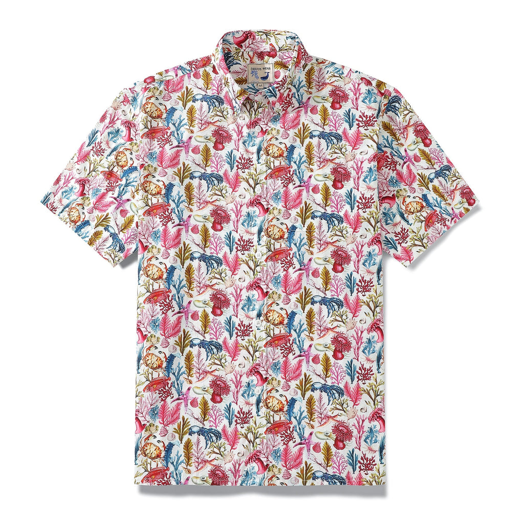 Men's rose pink Hawaiian shirt with marine life print in 100% cotton