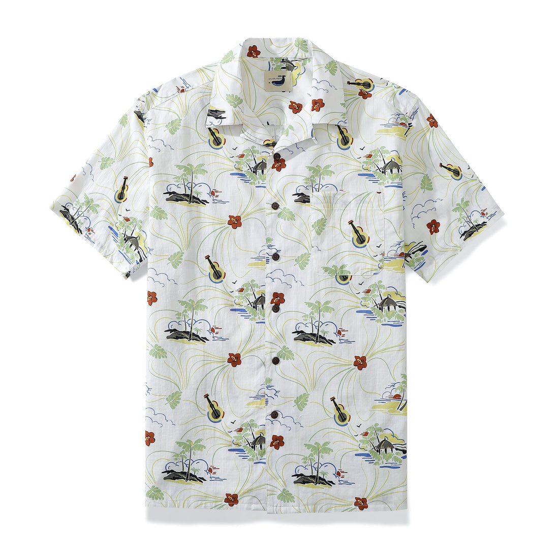 Men's tropical camp shirt with ukulele and hibiscus print in white, green, red, and blue.