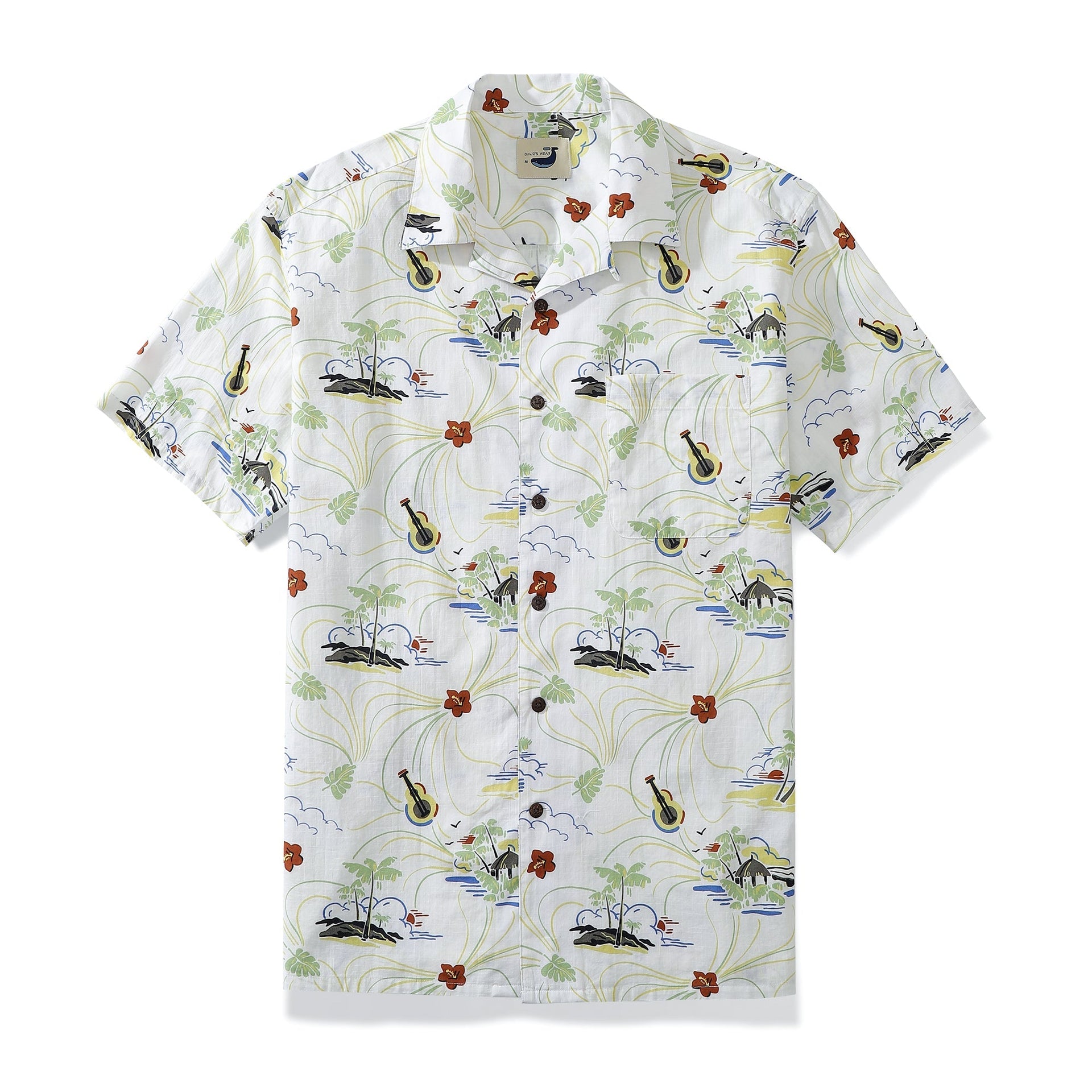 Men's tropical camp shirt with ukulele and hibiscus print in white, green, red, and blue.