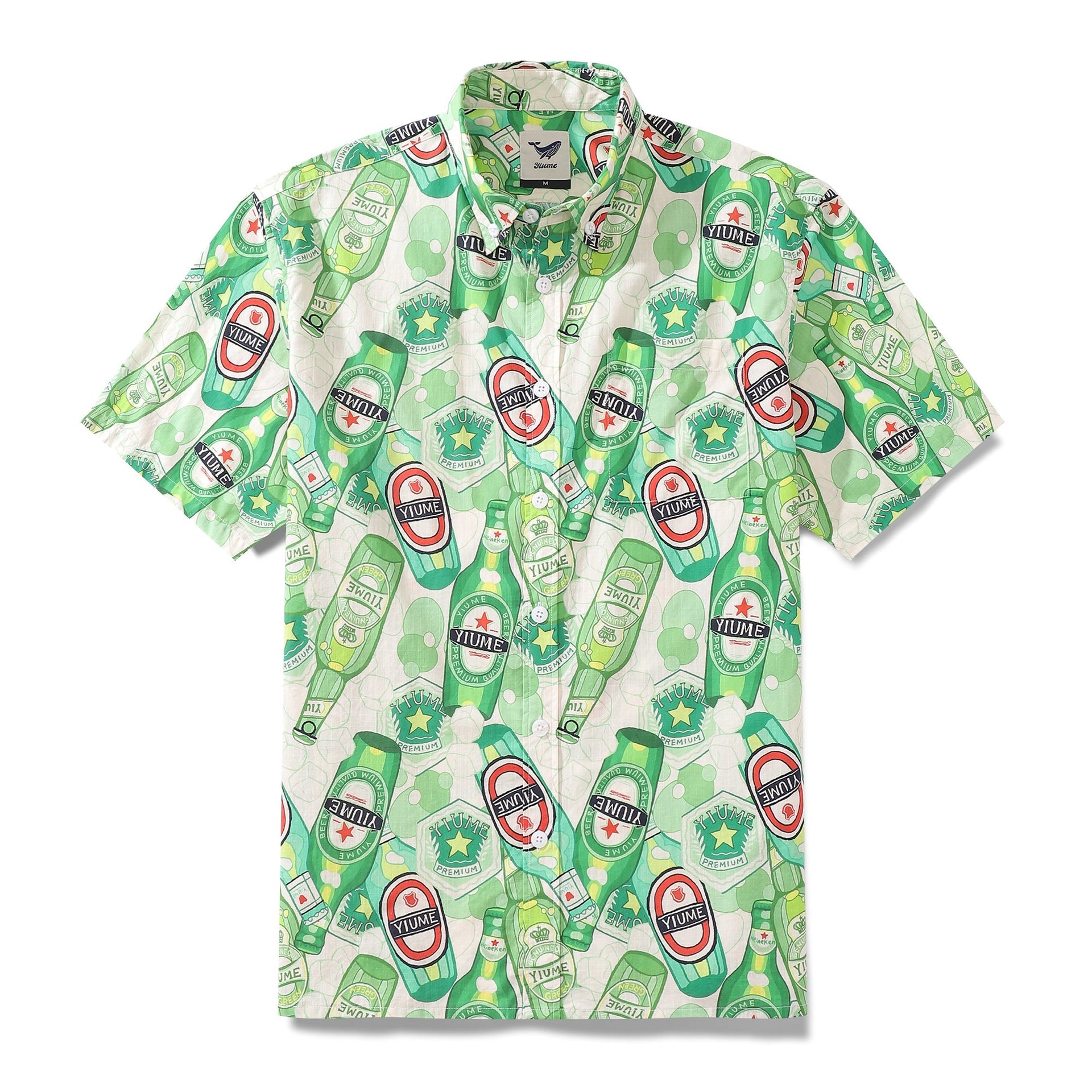 Men's green bubble pattern short sleeve Hawaiian button-down shirt.