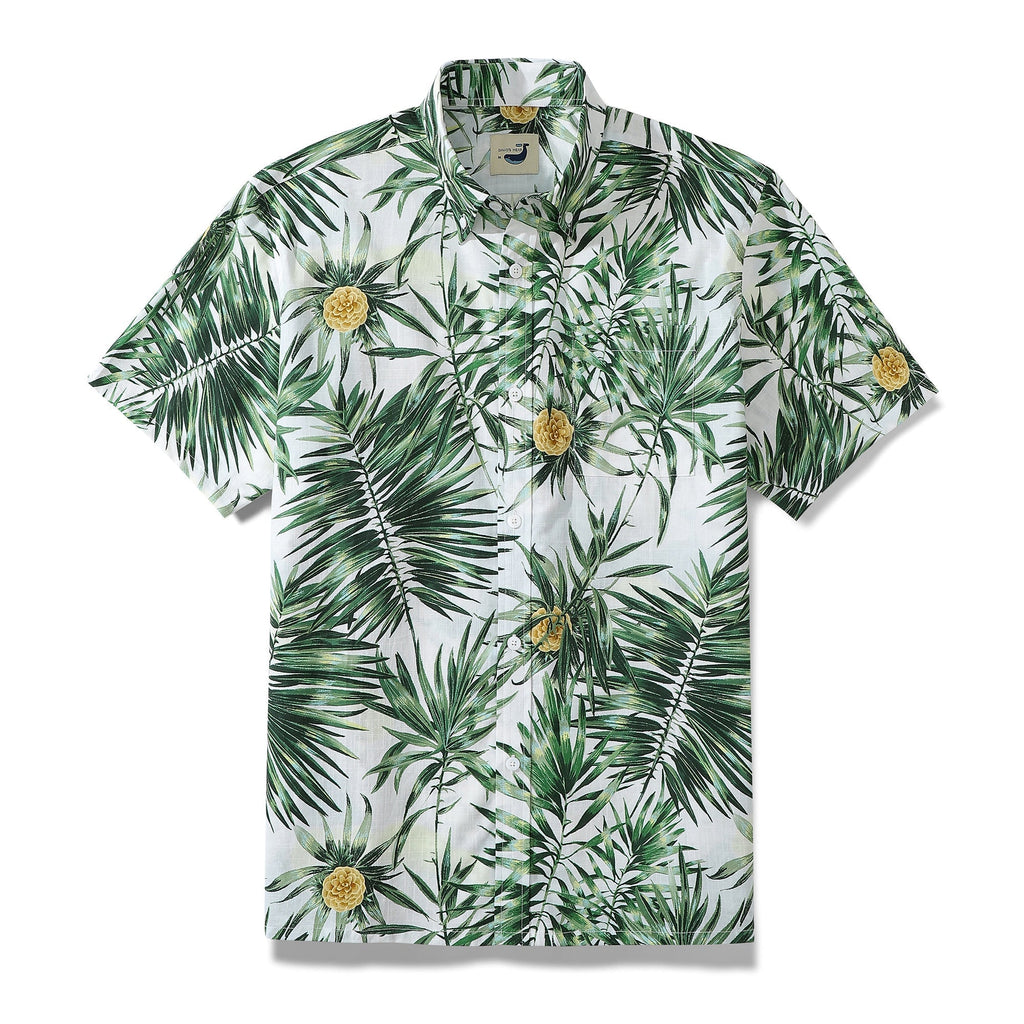 Men's vintage green Hawaiian shirt with tropical leaf pattern