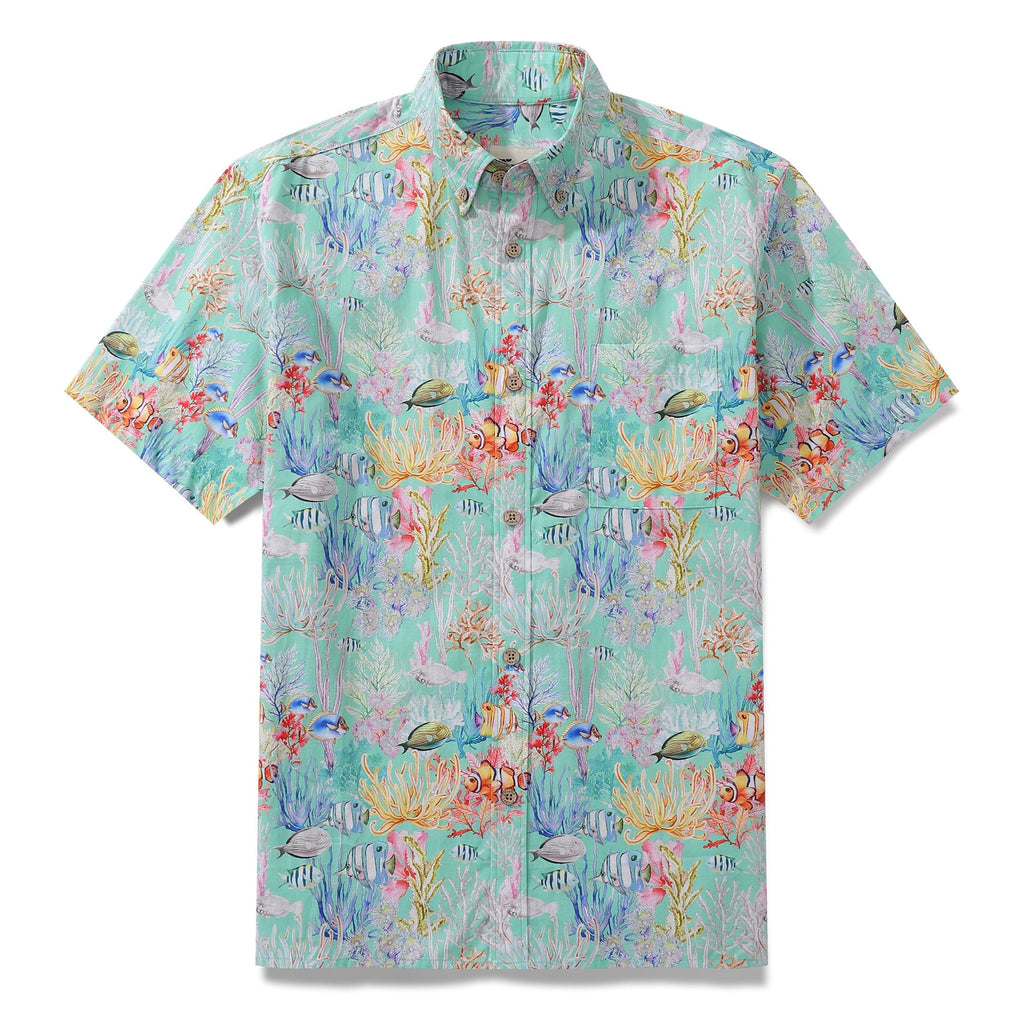 Men's short sleeve blue Hawaiian shirt with colorful sea and fish pattern
