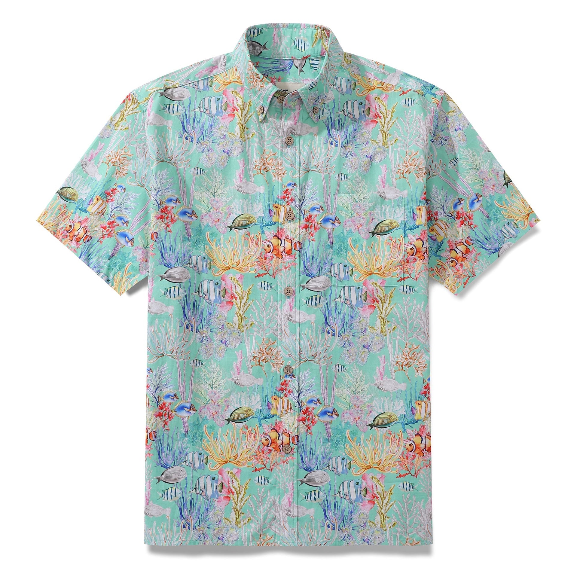 Men's short sleeve blue Hawaiian shirt with colorful sea and fish pattern