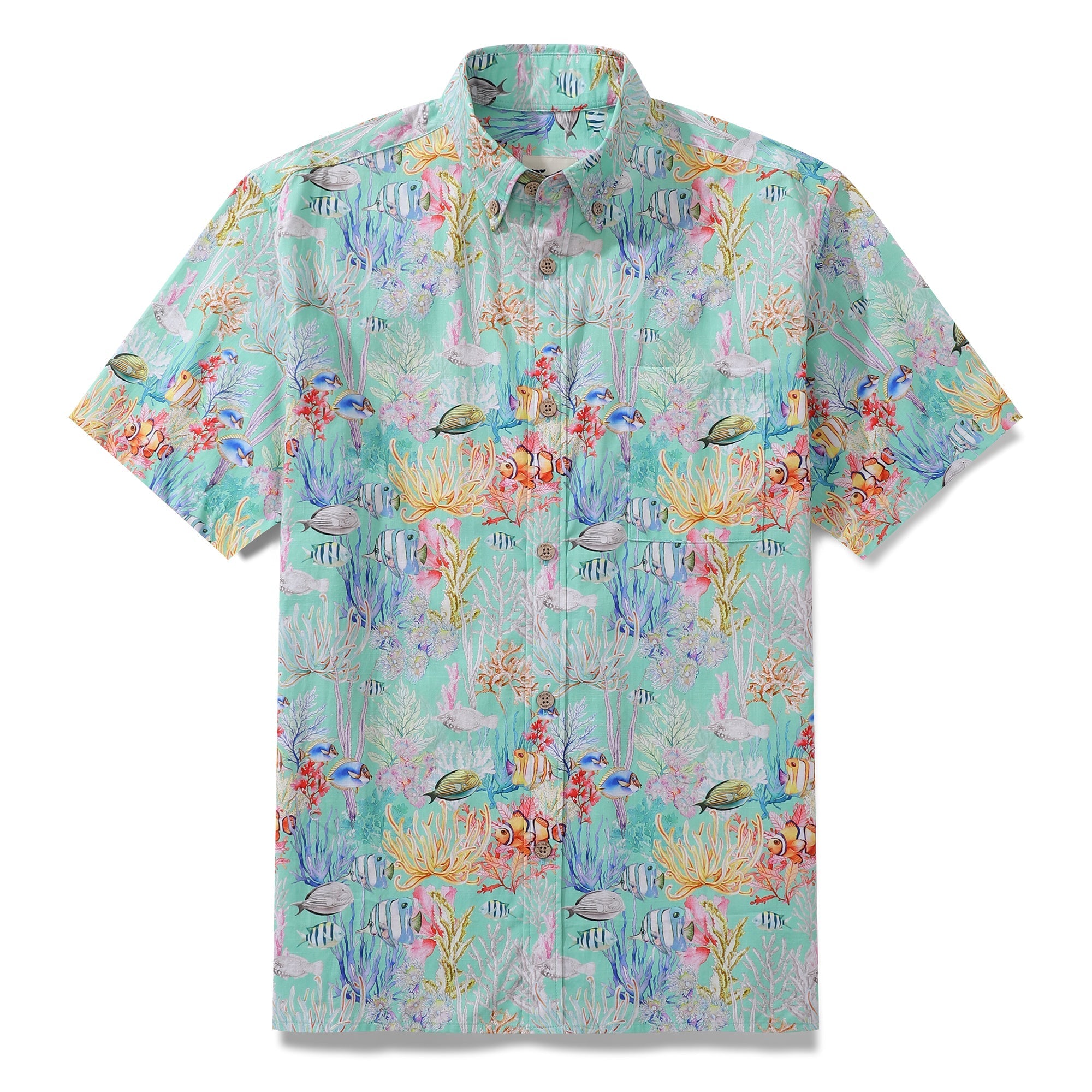 Men's short sleeve blue Hawaiian shirt with colorful sea and fish pattern
