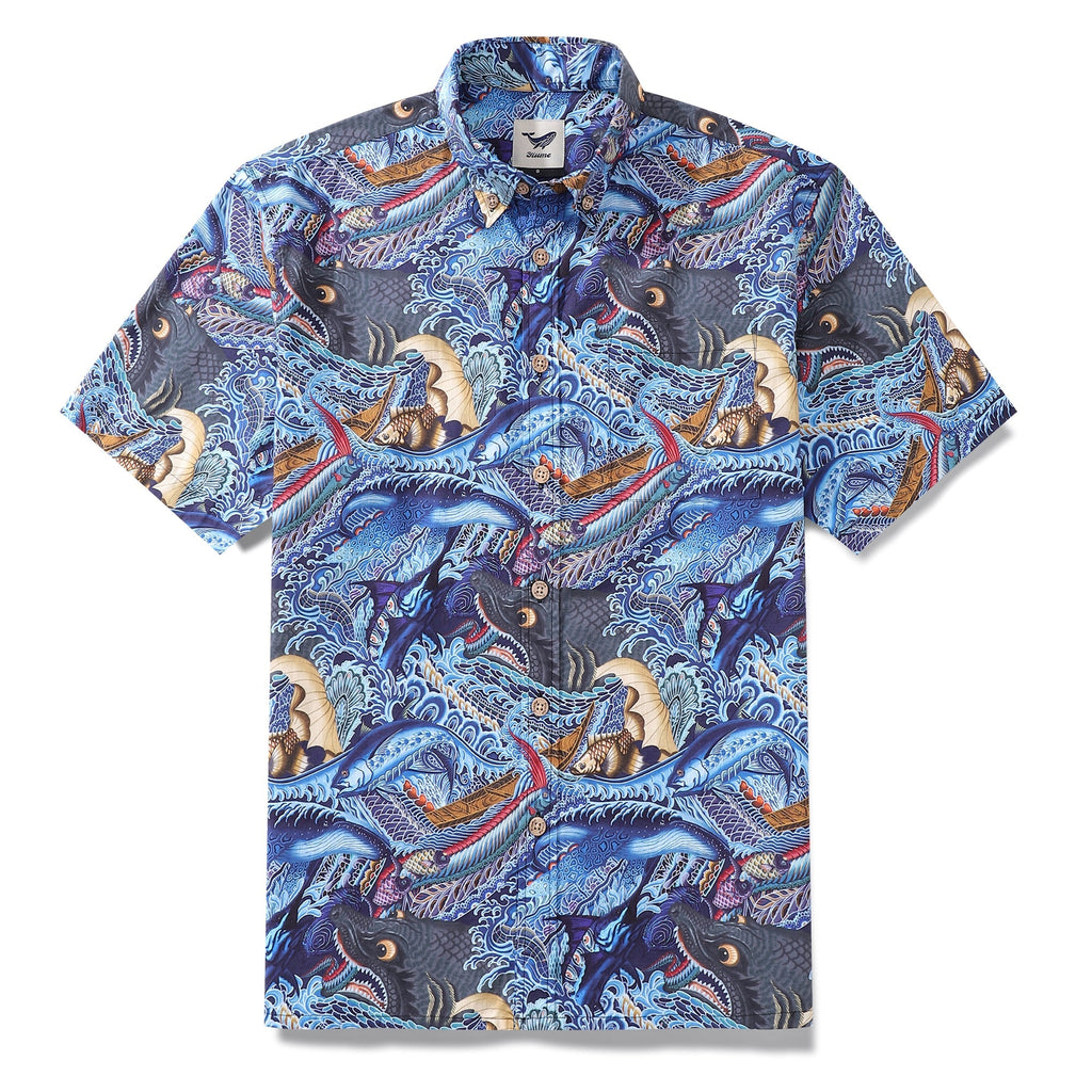 Oceanic Pursuit print men's Hawaiian shirt featuring sea monsters and waves.
