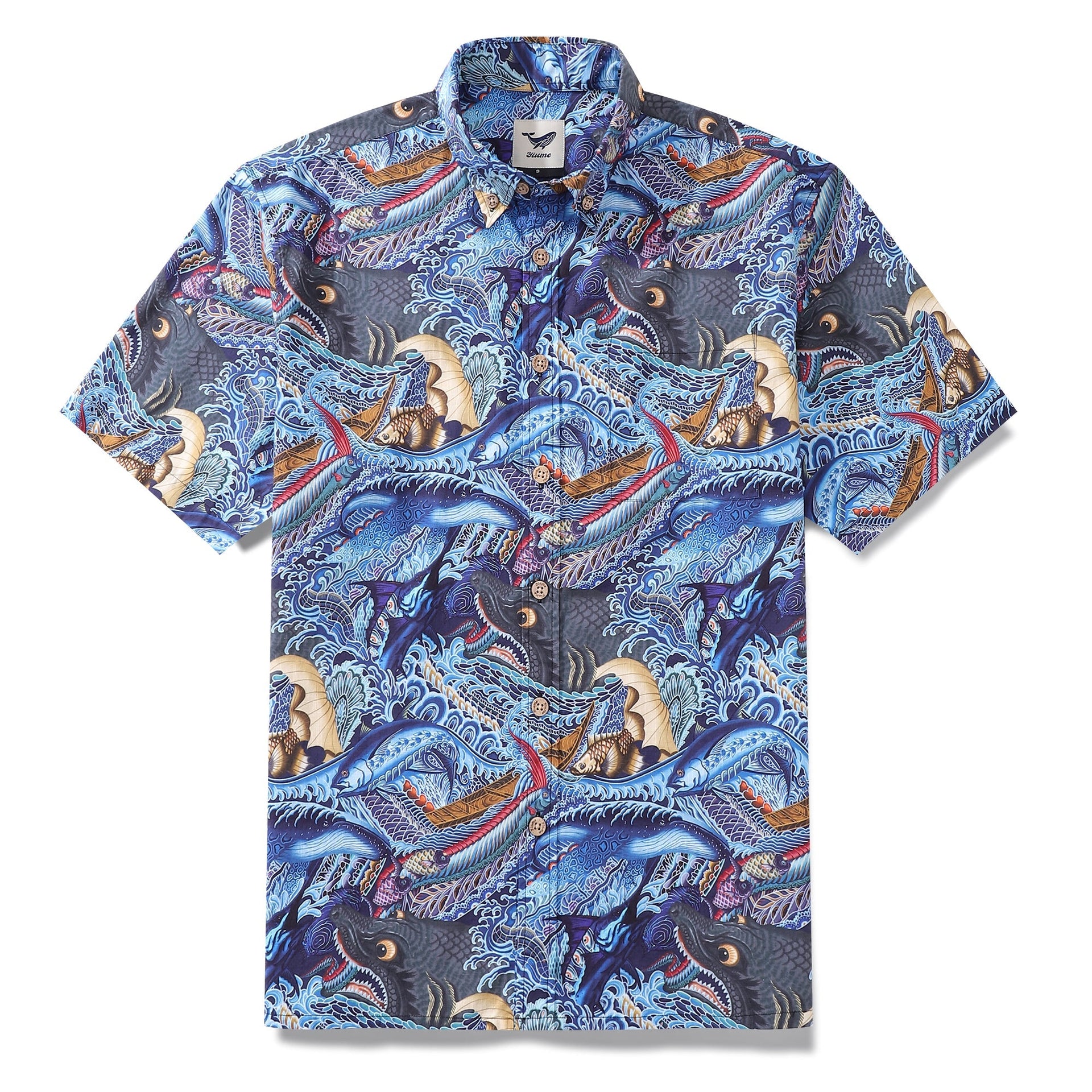 Oceanic Pursuit print men's Hawaiian shirt featuring sea monsters and waves.