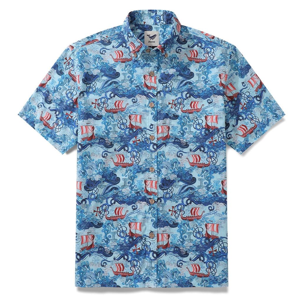 Men's short sleeve Hawaiian shirt featuring a Norse Viking longboat and rune print pattern