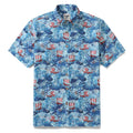 Men's short sleeve Hawaiian shirt featuring a Norse Viking longboat and rune print pattern