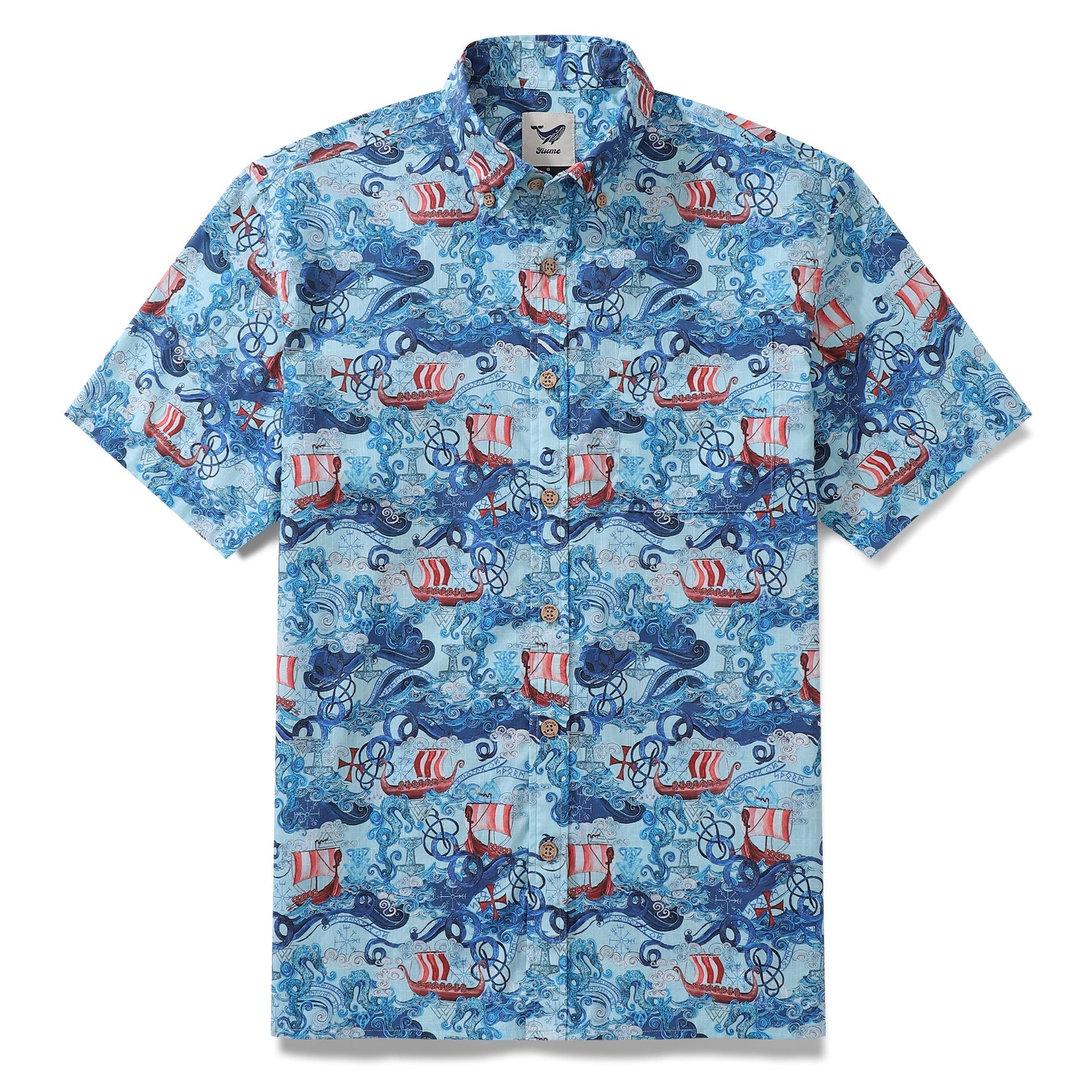 Men's short sleeve Hawaiian shirt featuring a Norse Viking longboat and rune print pattern