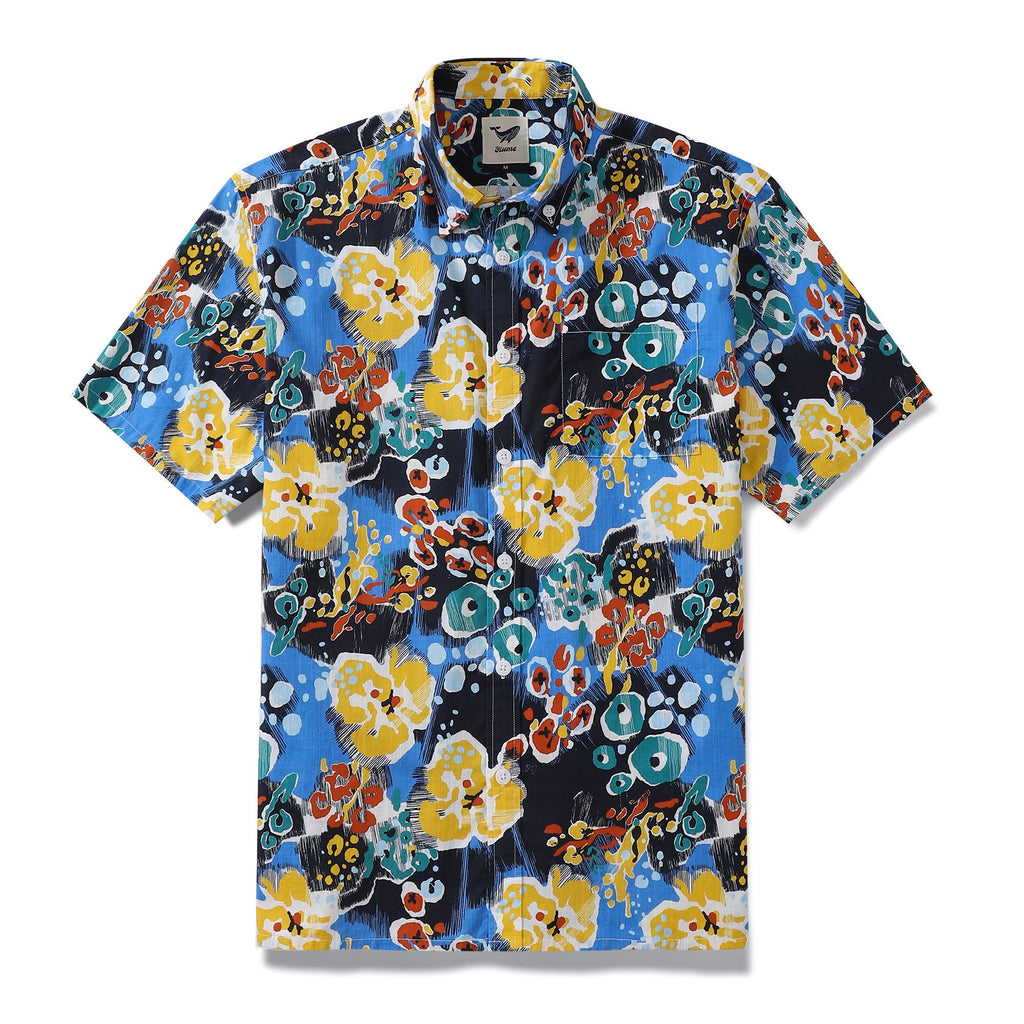 Men's blue Hawaiian-style Aloha shirt with coral reef pattern