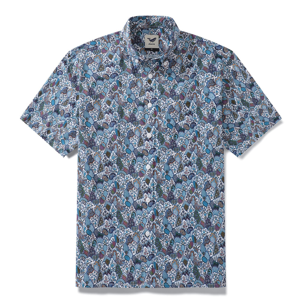 Men's vintage-inspired Hawaiian shirt with floral pattern in blue, white, teal, and orange.