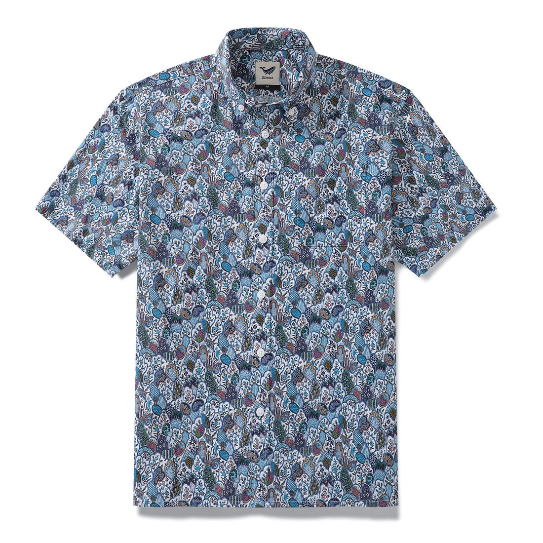 Men's vintage-inspired Hawaiian shirt with floral pattern in blue, white, teal, and orange.