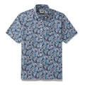 Men's vintage-inspired Hawaiian shirt with floral pattern in blue, white, teal, and orange.