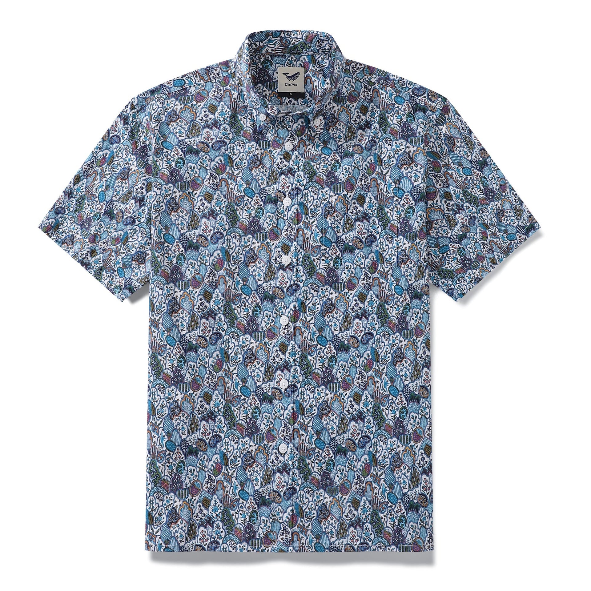 Men's vintage-inspired Hawaiian shirt with floral pattern in blue, white, teal, and orange.