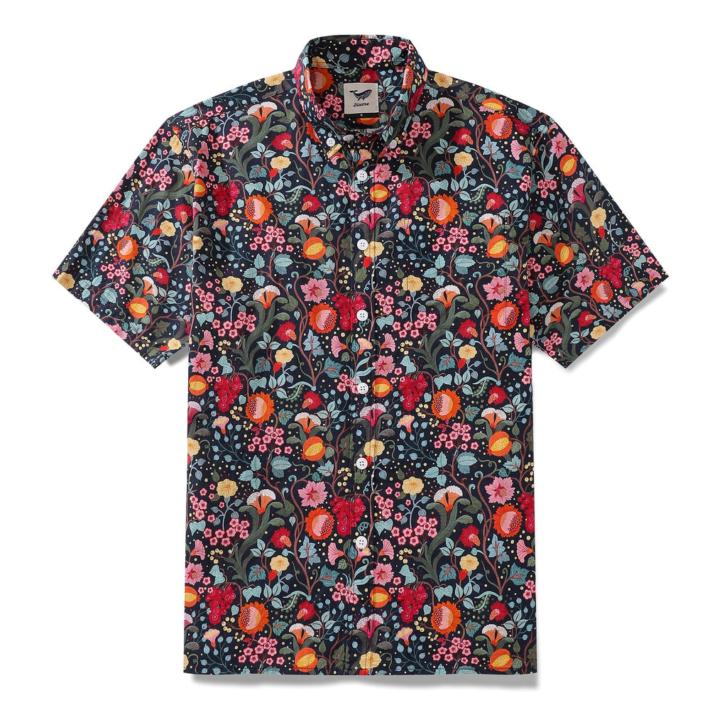 Men's 1960s vintage style Hawaiian shirt with vibrant floral bouquets and green garden plants on a cotton button-down.