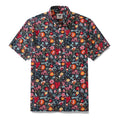 Men's 1960s vintage style Hawaiian shirt with vibrant floral bouquets and green garden plants on a cotton button-down.