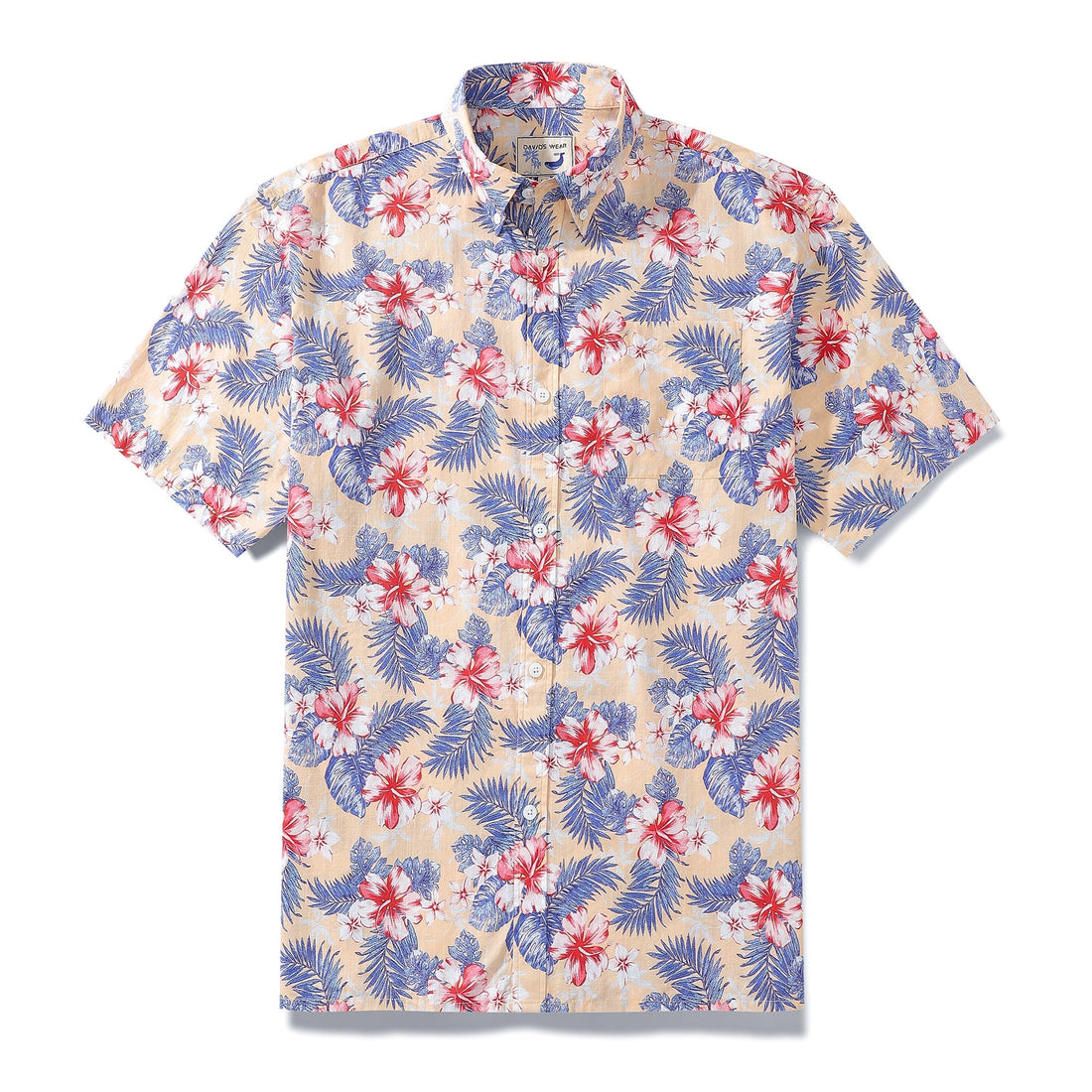 Men's beige floral hibiscus print button-down short sleeve resort shirt