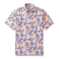Men's beige floral hibiscus print button-down short sleeve resort shirt