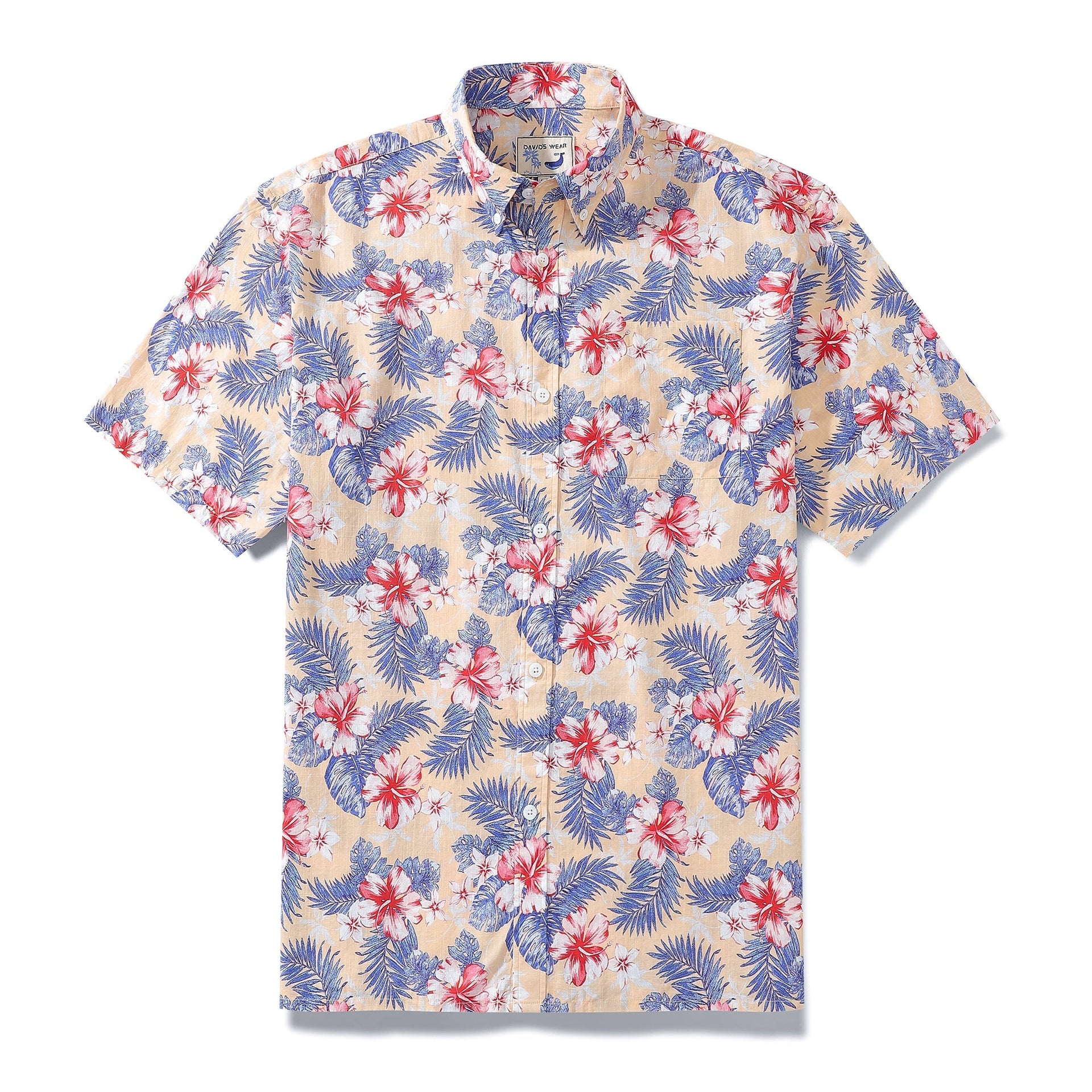 Men's beige floral hibiscus print button-down short sleeve resort shirt