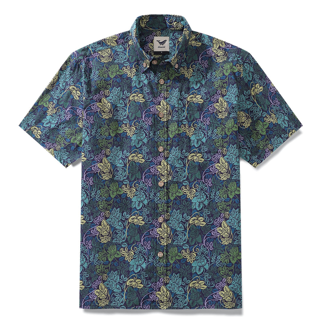 Men's cotton Hawaiian shirt featuring a Victorian moody rose floral print in navy, green, and purple.