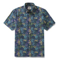 Men's cotton Hawaiian shirt featuring a Victorian moody rose floral print in navy, green, and purple.