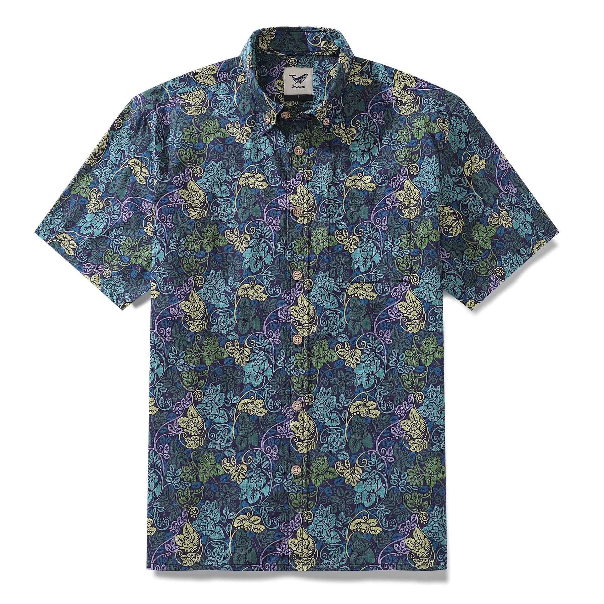 Men's cotton Hawaiian shirt featuring a Victorian moody rose floral print in navy, green, and purple.