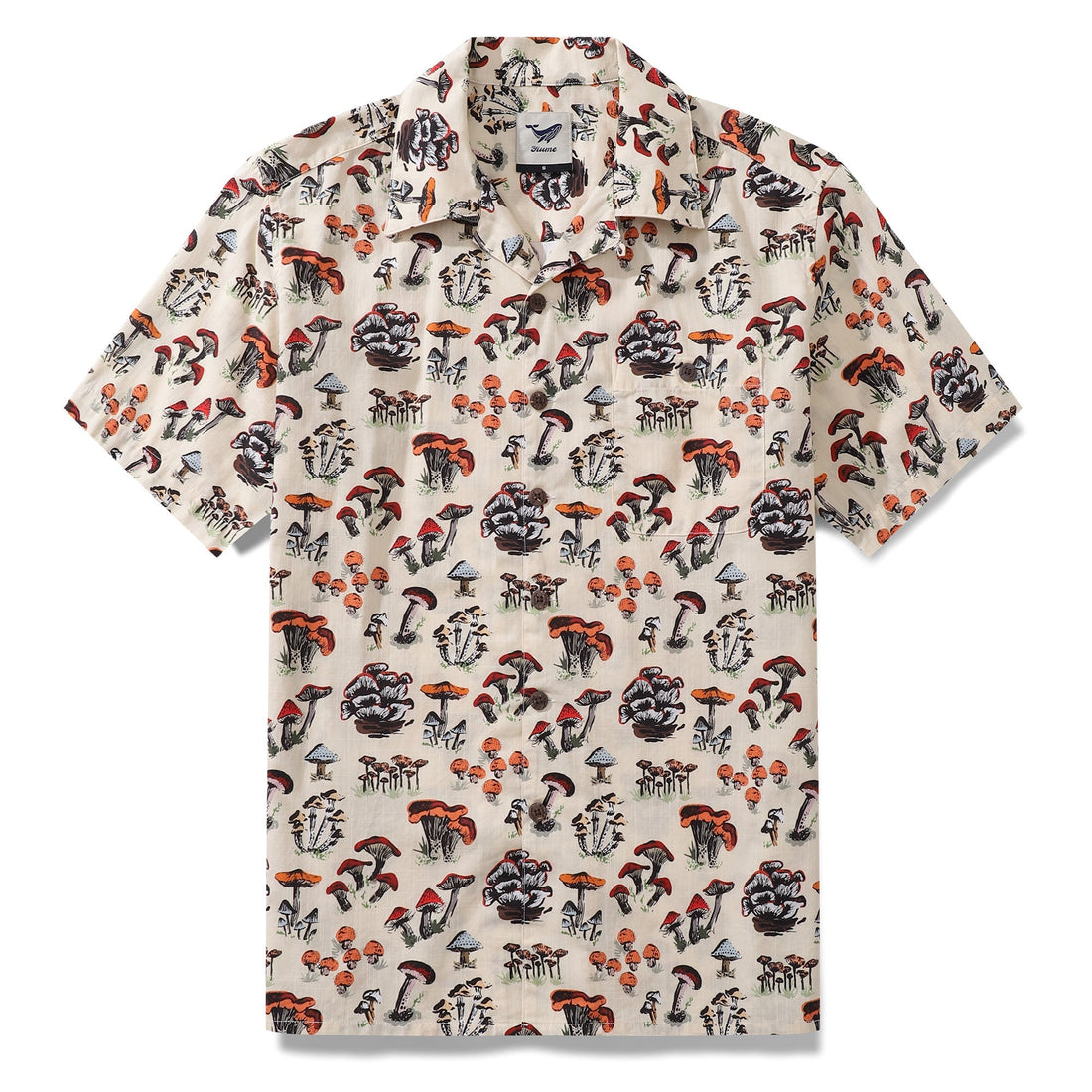 Men's Shroomy Land Hawaiian shirt by Kashmira Jayaprakash with hand-painted mushroom print and camp collar.