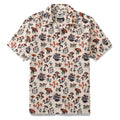 Men's Shroomy Land Hawaiian shirt by Kashmira Jayaprakash with hand-painted mushroom print and camp collar.