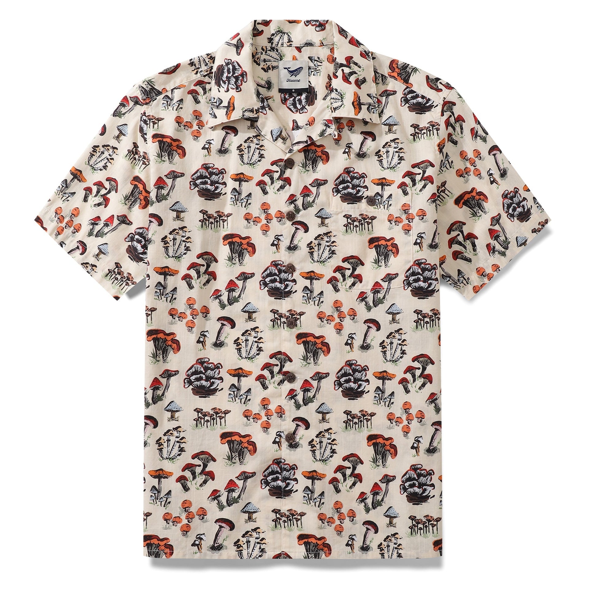 Men's Shroomy Land Hawaiian shirt by Kashmira Jayaprakash with hand-painted mushroom print and camp collar.