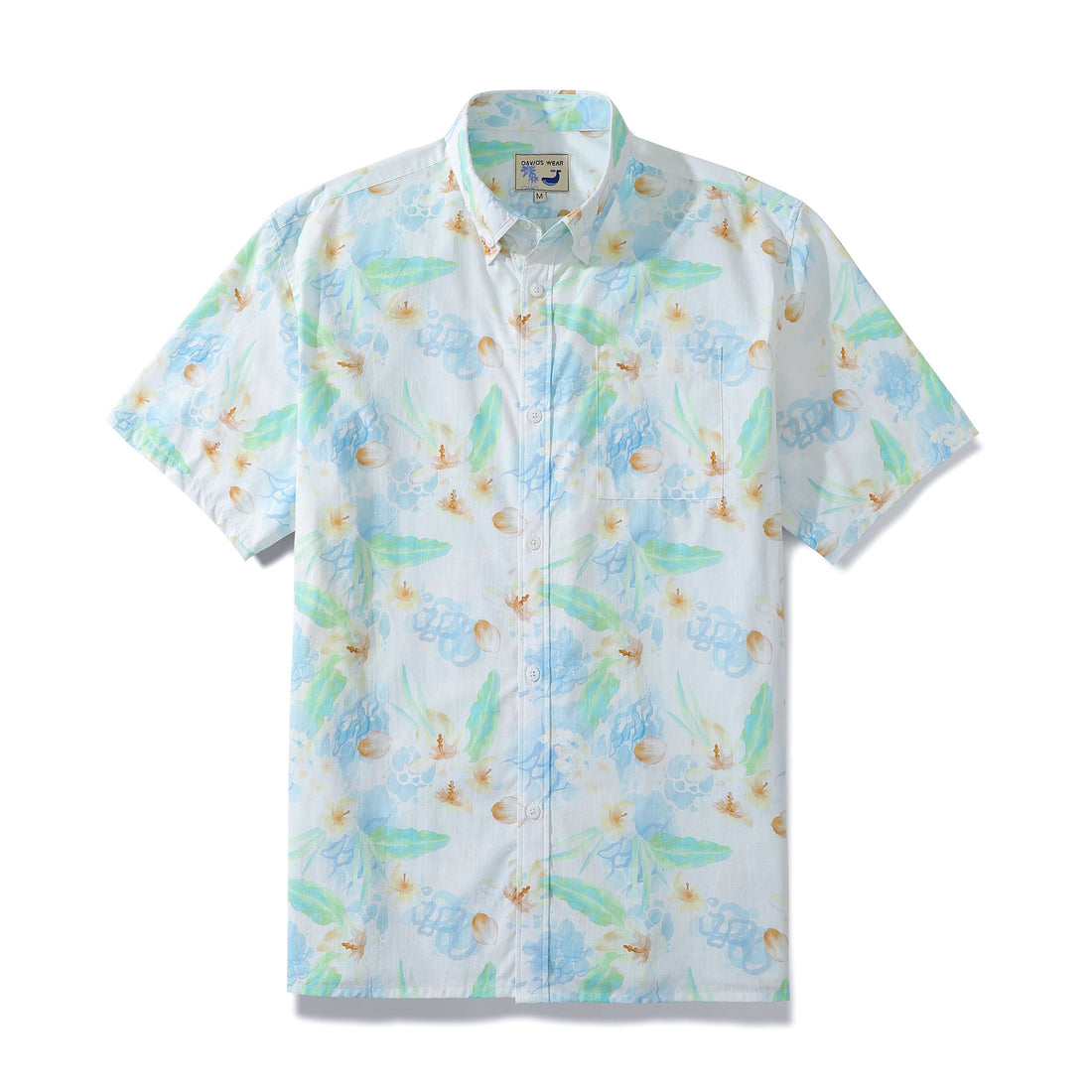 Men's vintage Hawaiian shirt with white, light blue, pale green, and soft orange floral print.