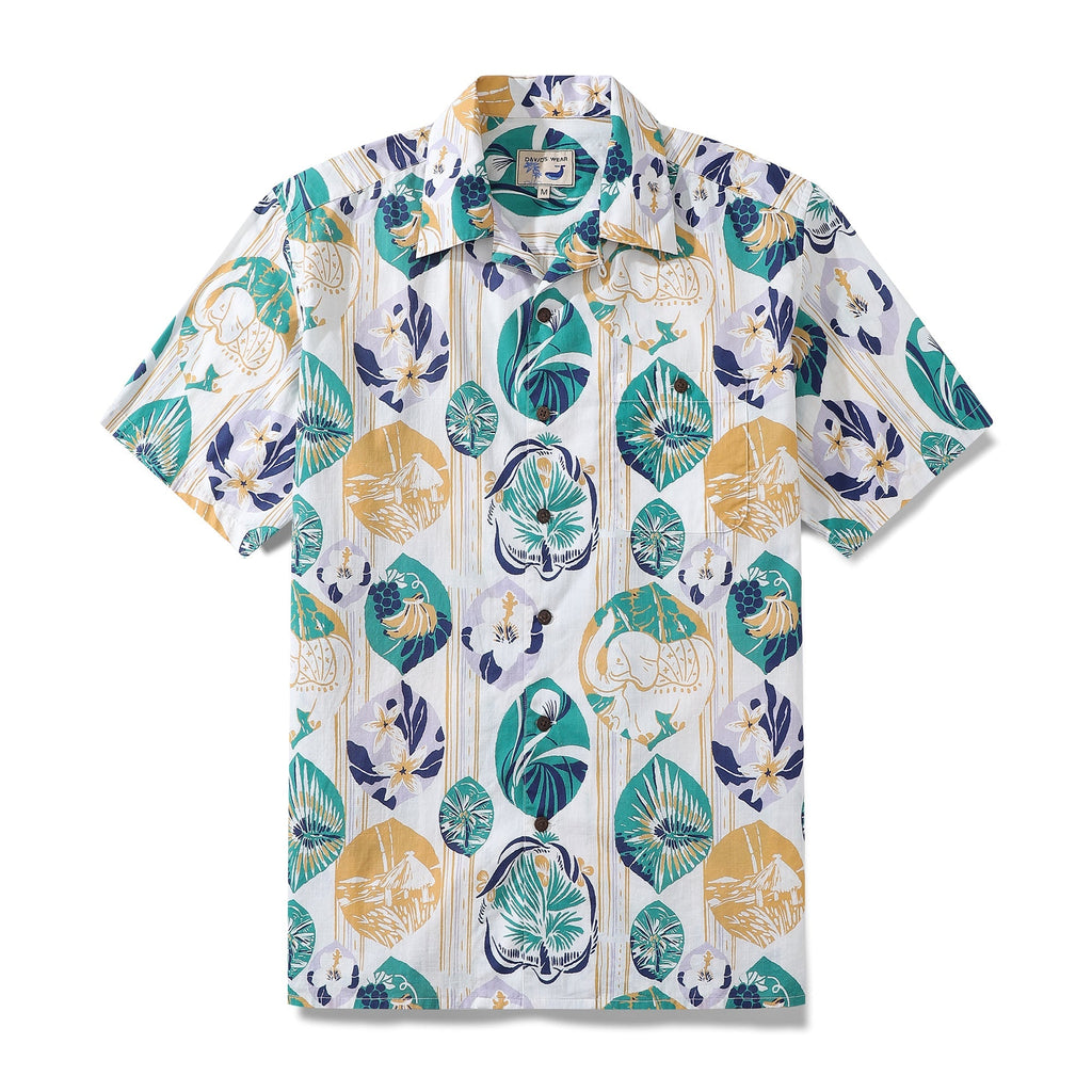 Vintage tropical flower and fruit print Hawaiian shirt on striped base