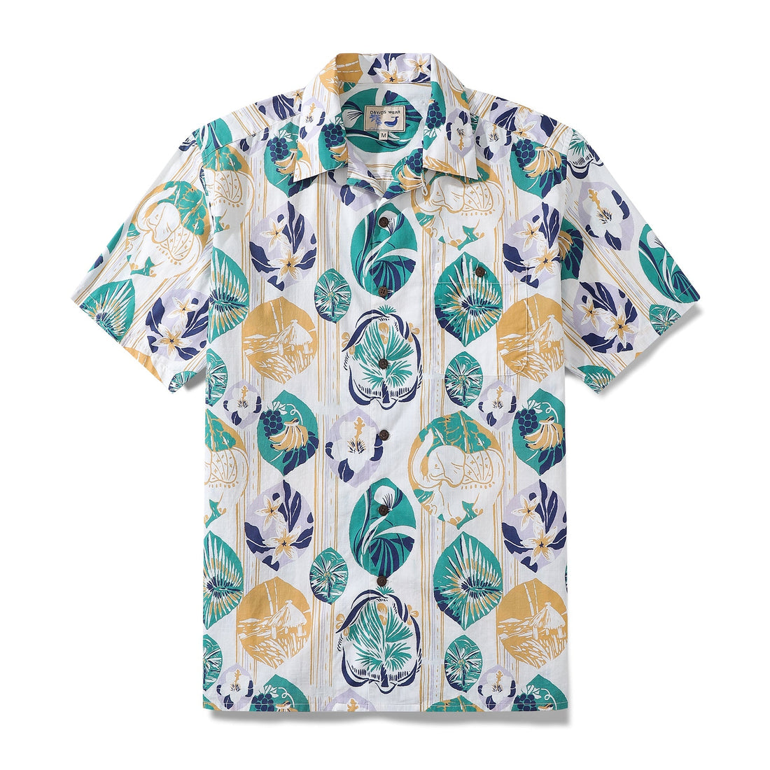 Vintage tropical flower and fruit print Hawaiian shirt on striped base