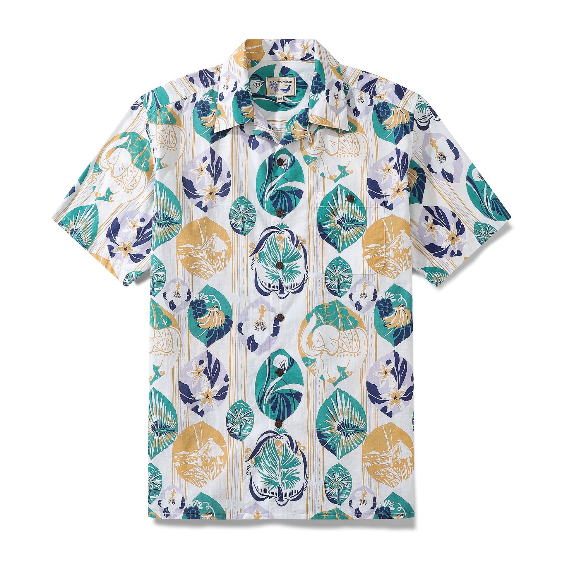 Vintage tropical flower and fruit print Hawaiian shirt on striped base