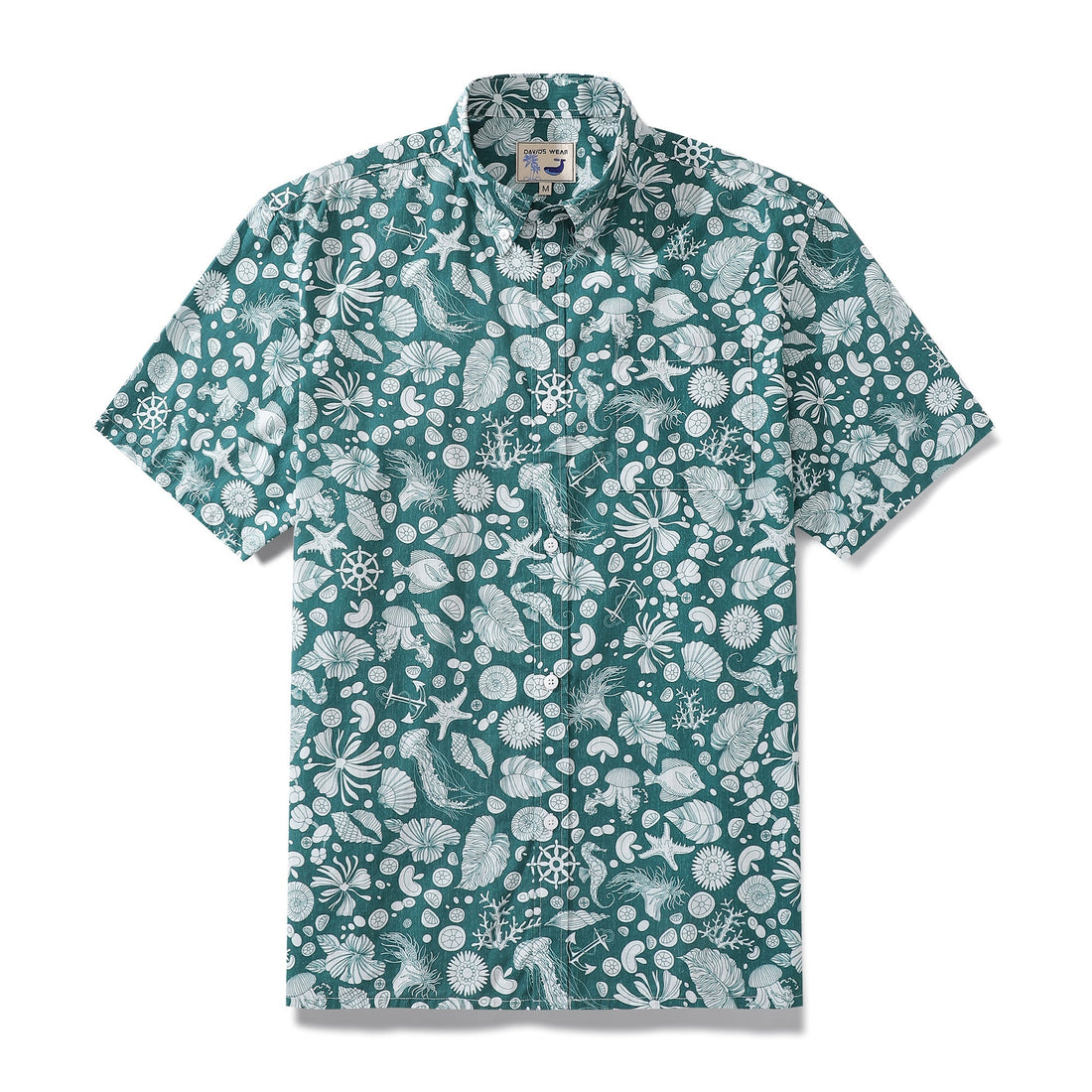 Men wearing a seabed print short sleeve button-down Hawaiian shirt in 100% cotton