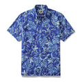 Close up of blue tropical print 100% cotton men's Hawaiian button-down shirt