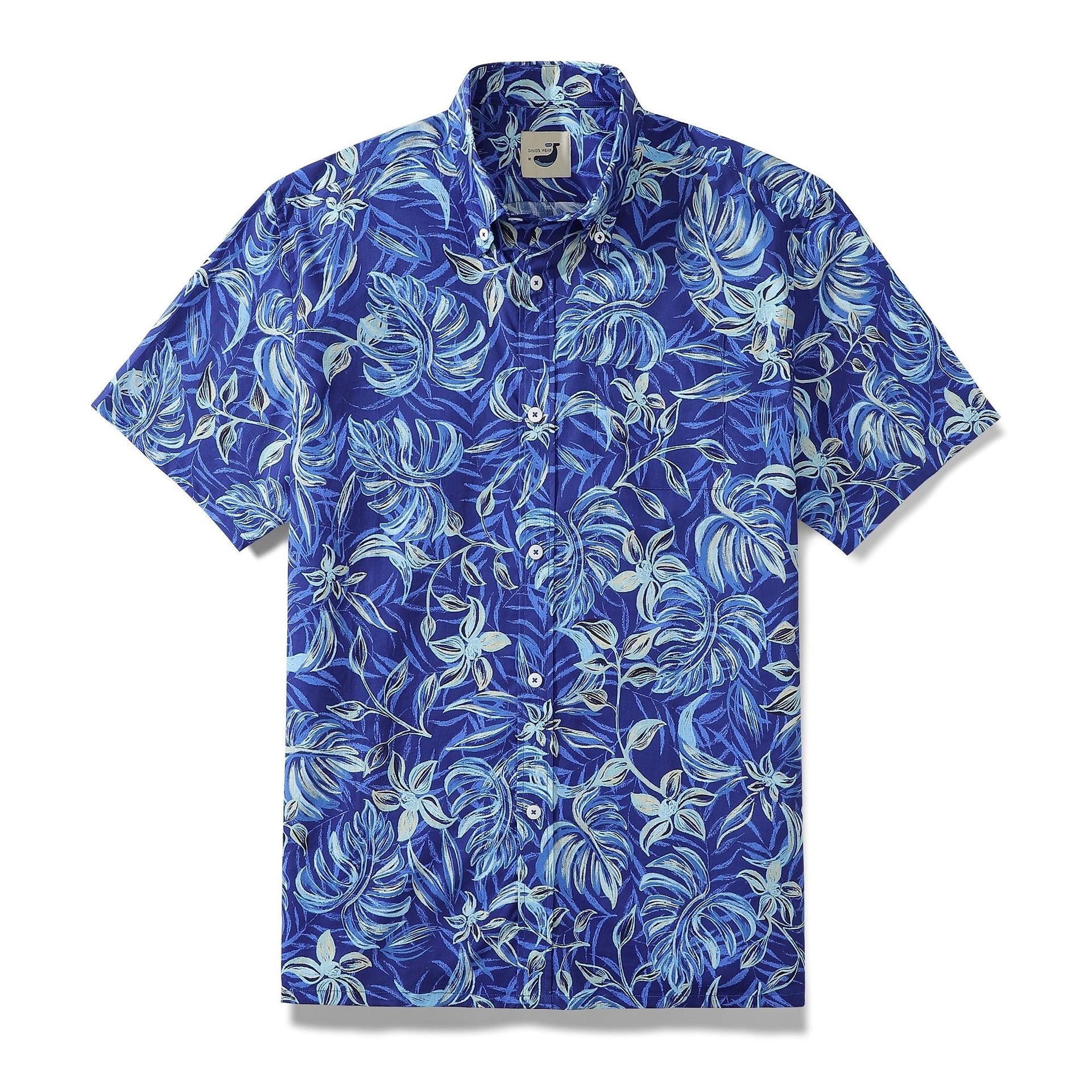Close up of blue tropical print 100% cotton men's Hawaiian button-down shirt