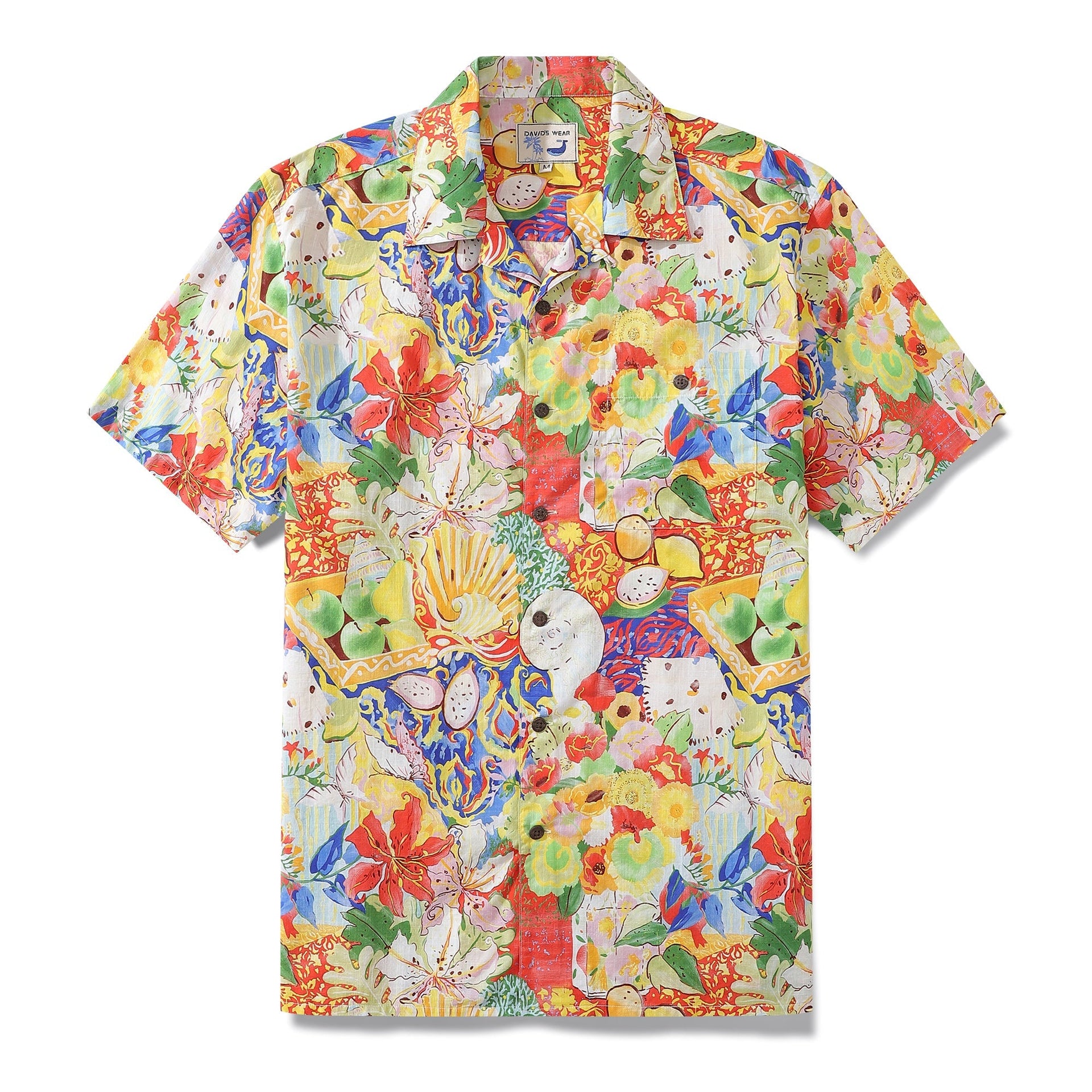 Vintage style men's shirt with tropical floral and fruit pattern