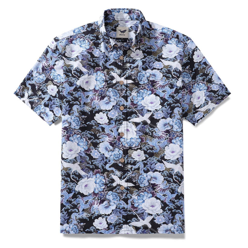 Men's black, blue, and white Hawaiian shirt featuring a floral and crane print