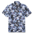 Men's black, blue, and white Hawaiian shirt featuring a floral and crane print