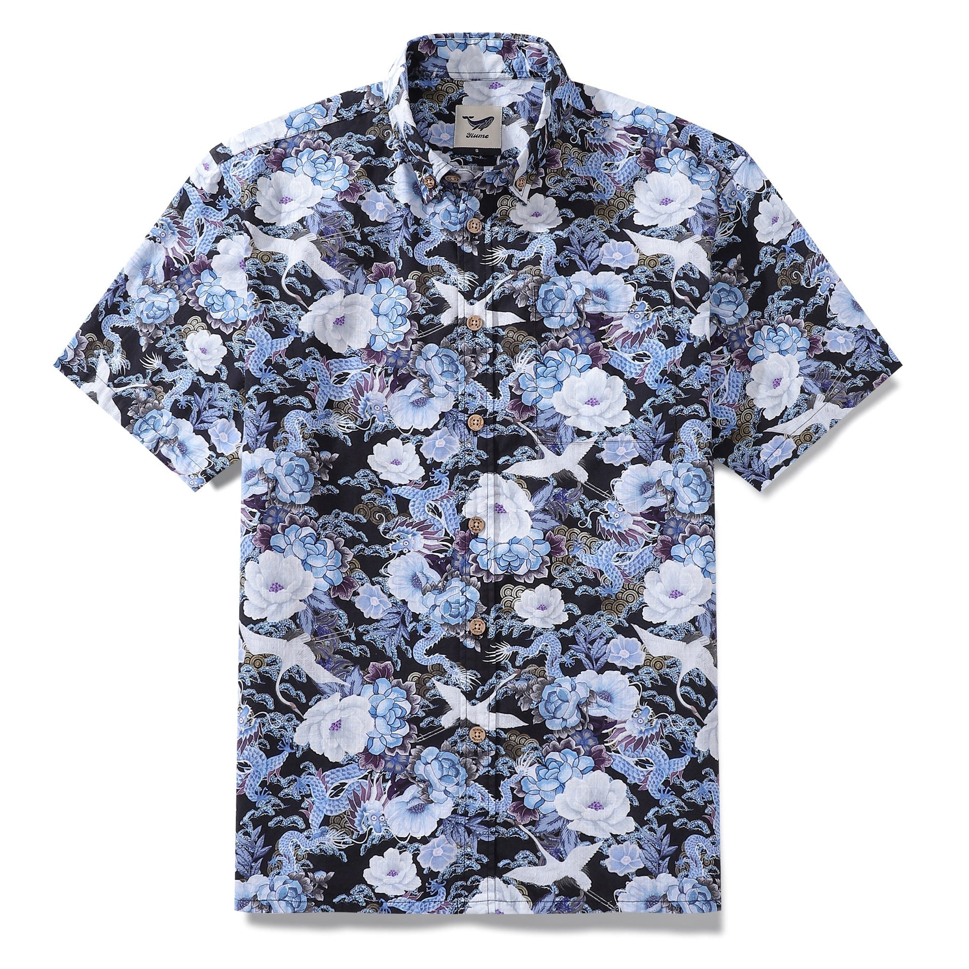 Men's black, blue, and white Hawaiian shirt featuring a floral and crane print