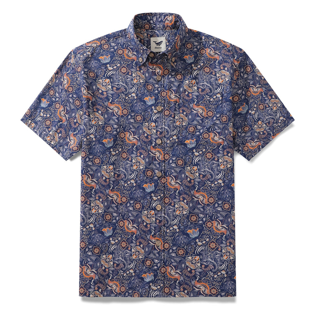 Men's blue and tangerine retro floral print cotton short sleeve Hawaiian shirt