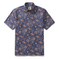 Men's blue and tangerine retro floral print cotton short sleeve Hawaiian shirt